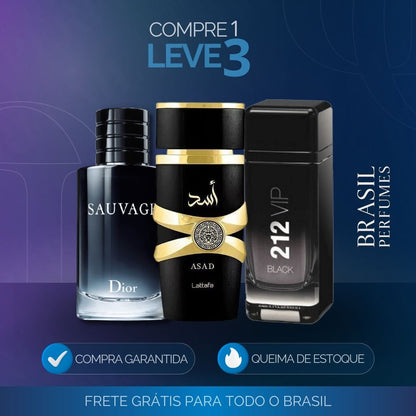 Kit 3 Perfumes Importados (100ml) - Lattafa Asad | 212 VIP Black | Dior Sauvage [QUEIMA DE ESTOQUE]