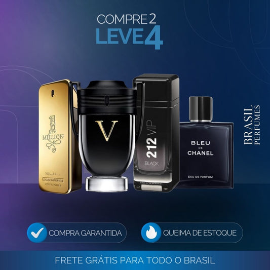 Kit 4 Perfumes Masculinos Importados (100ml) - 1 million | 212 vip | Invictus | Bleu de Chanel [OFERTA DE CARNAVAL]